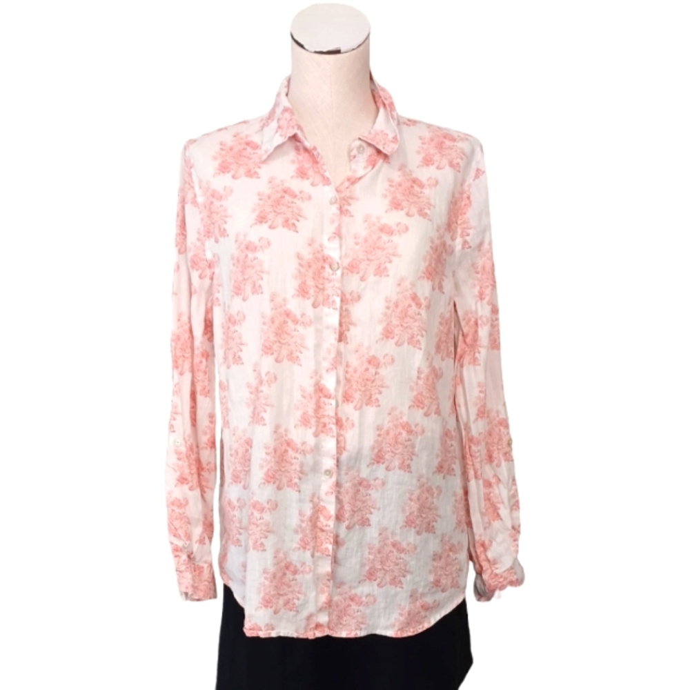 SHABBY CHIC • Large Linen blouse roses floral feminine long sleeve button-down